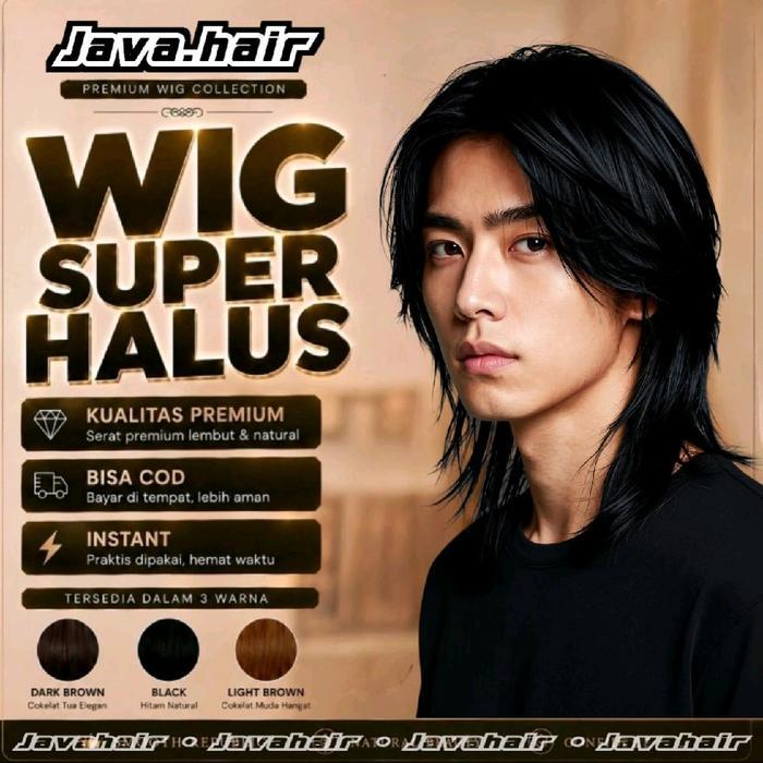 Wig Pria Rambut Mullet Pendek Poni Panjang