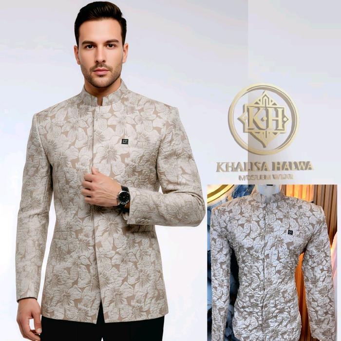 Jas Koko Dewasa Futuro embos timbul Pria Formal Lengan panjang coklat Kantong Muslim