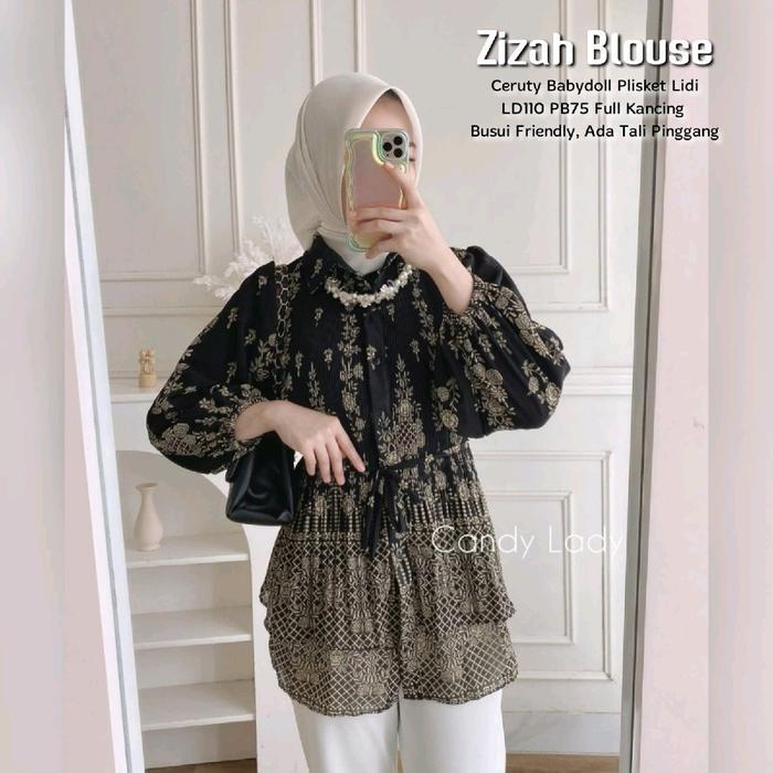 ZIZAH BLOUSE 12 (LABEL SAVNA) Blus Muslim Ceruty Plisket Lidi Motif Batik Etnik Kekinian Linen White