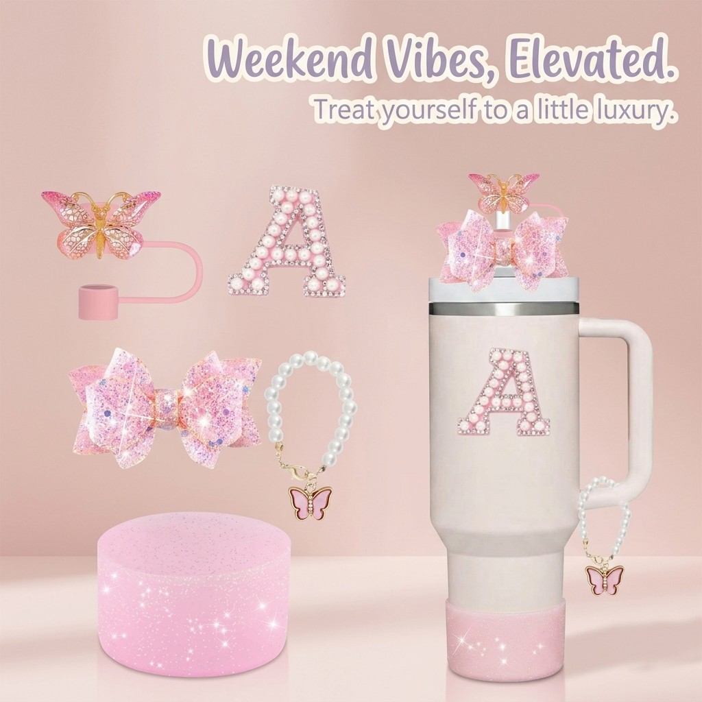 5pcs Tumbler Accessories Set for Stanley 40oz Cup with Handle, Perfect Gift, Pink Coquette Bling