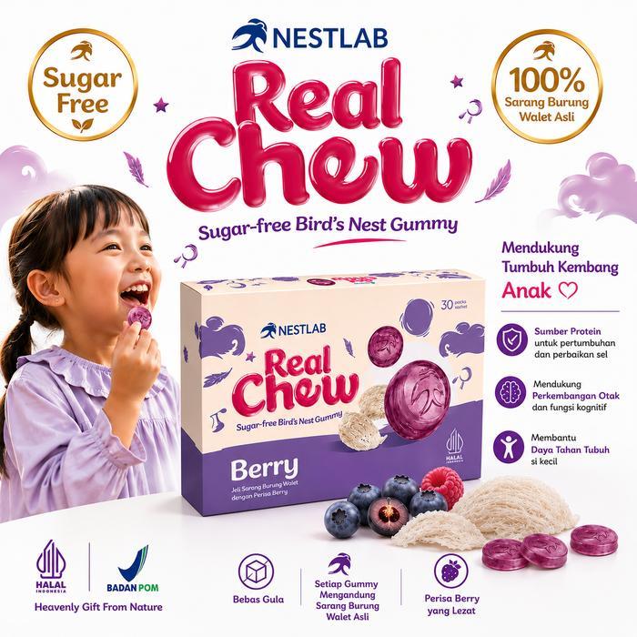 Nestlab Real Chew Gummy rasa berry Sarang Burung Walet Sugar Free - Gummy Untuk Anak (30 Sachet)