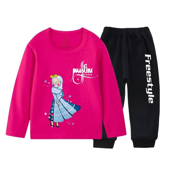 hm4x Setelan Lengan Panjang Set Jogger Kaos Anak Perempuan Motif New Muslim