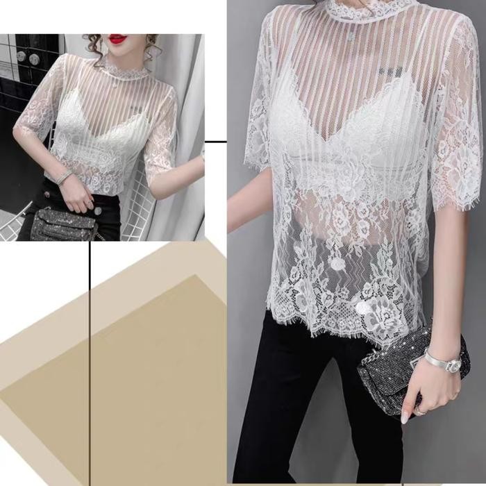 Baju Atasan Lace Blouse Transparan Tile Motif Garis Garis Bunga Casual