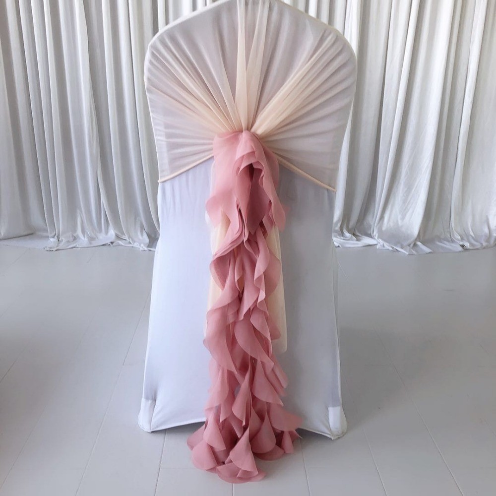 200 PCS Pre tied Romatic Voile Chiffon Chair Sash Ruffled Banquet Chair Cover & Hood Cruly Willow