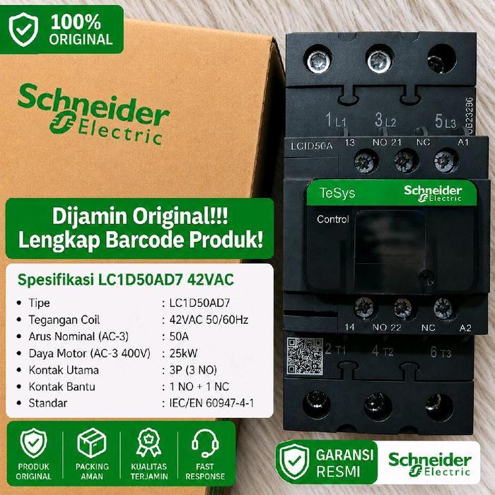 SCHNEIDER CONTACTOR LC1D50AD7 3P ORIGINAL TESYS D MAGNETIC CONTACTOR COIL 42VAC AC3 50A