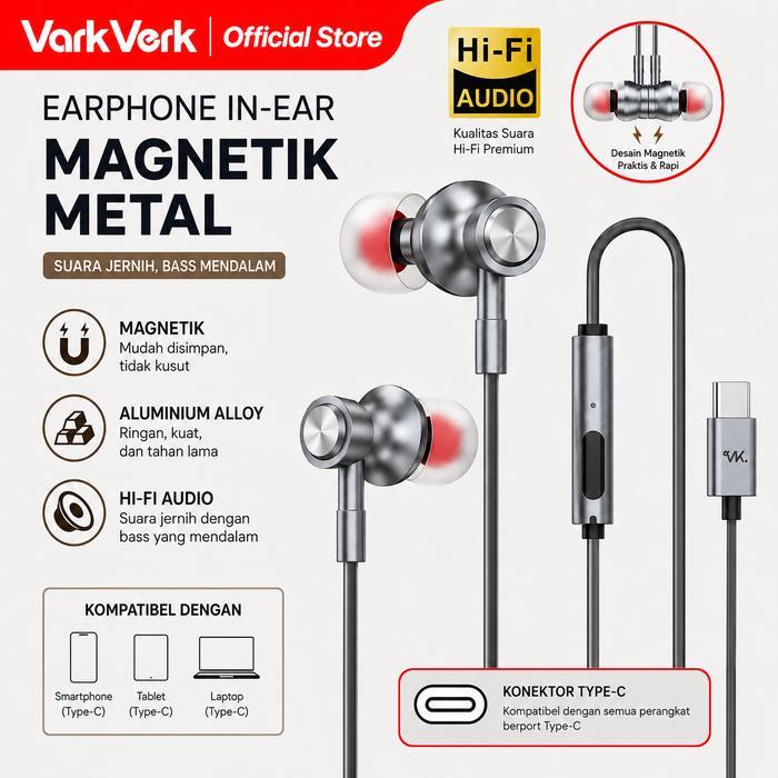 Varkverk Magnet Design Metal Handsfree With Micphone Type C Jack Stereo Sound Super Bass Hi Fi