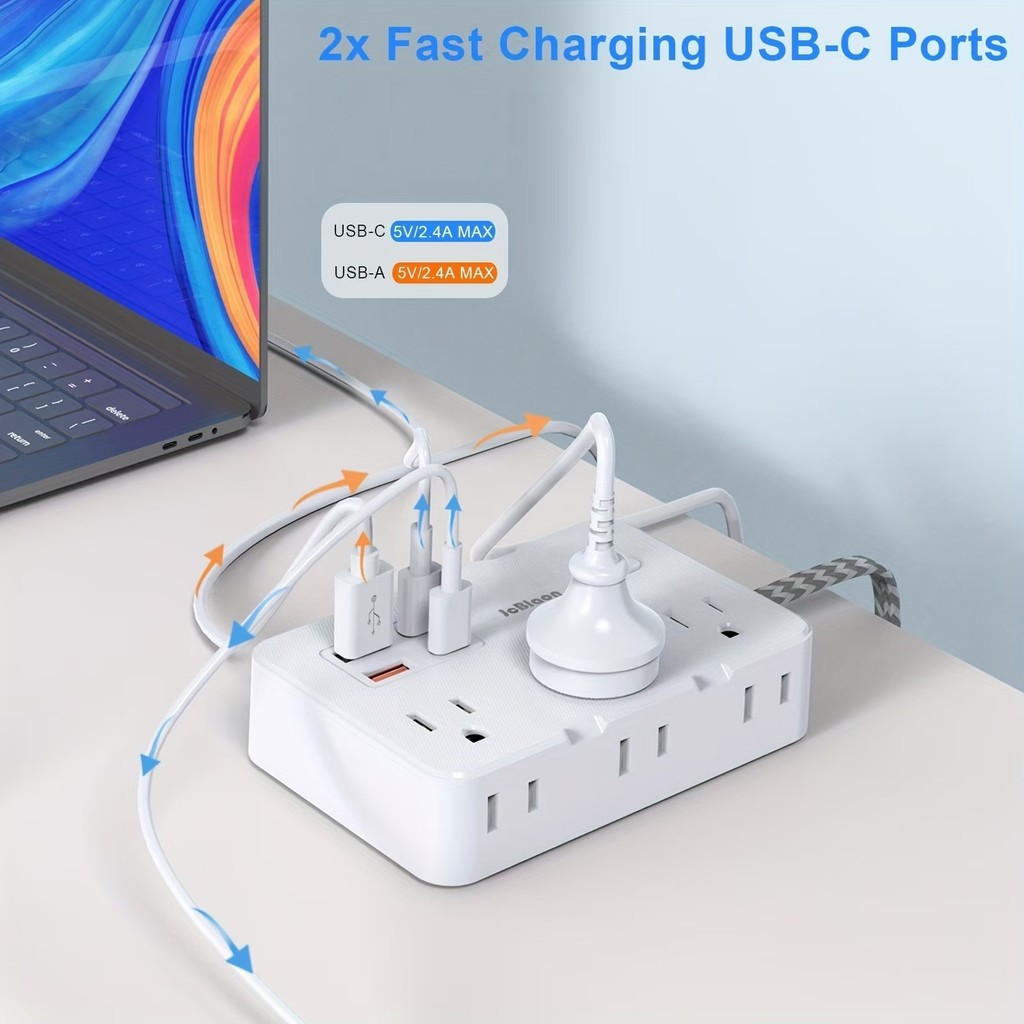 US Standard Plug AC Outlet Surge Protector Power Strip Braided Extension Cord Smart Socket EMI