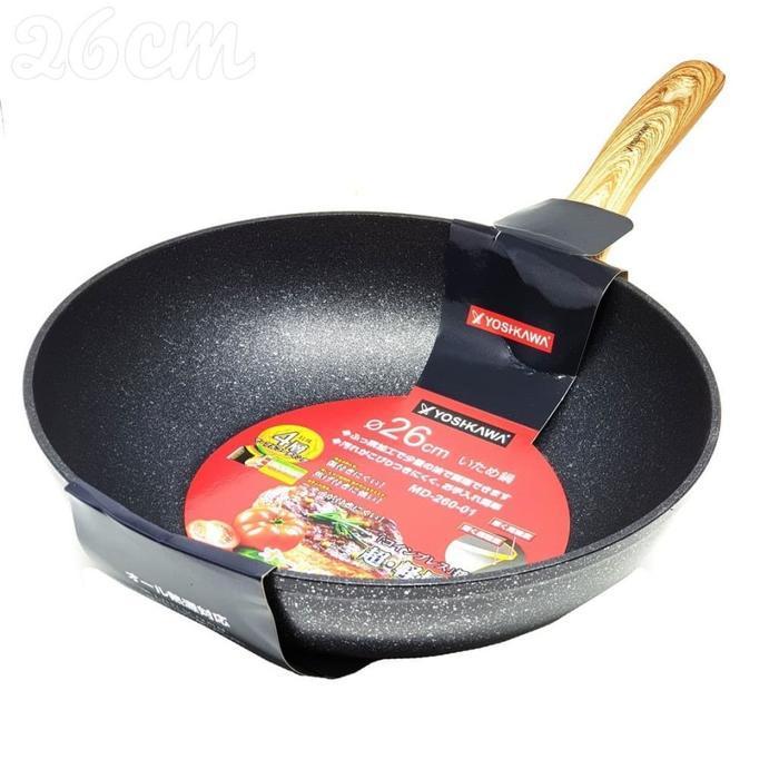 Bisa Grab Wok Pan Ceramic Wok Pan Marble Wok Pan Yoshikawa Anti Lengket - Kayu