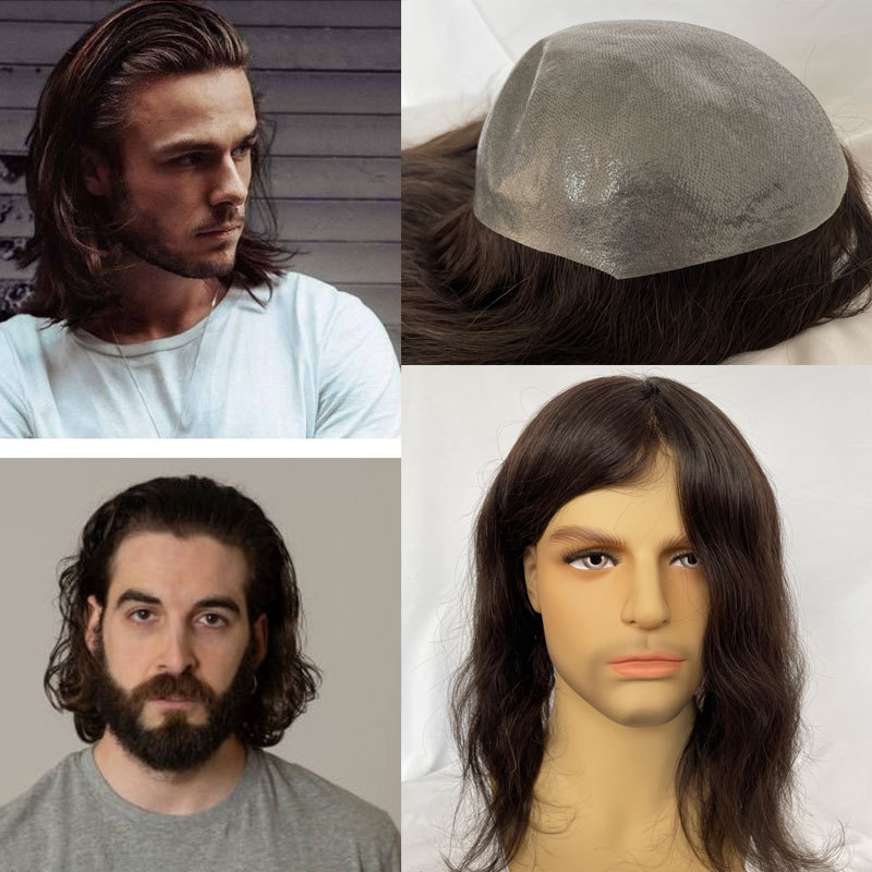 12inch Men Wigs Full Skin Pu Base Long Human Hair Men Toupee Natural Hairline Men Toupee Straight