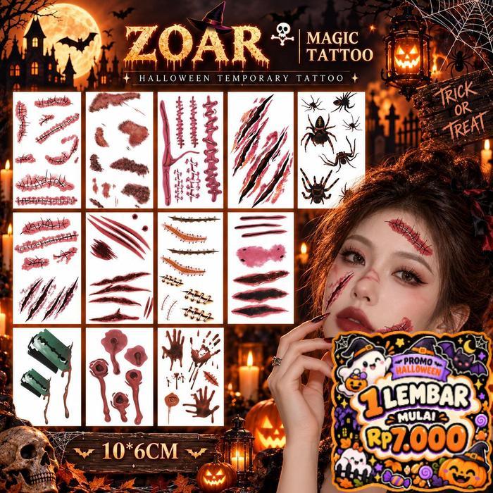 [Zoar Halloween]A Stiker Luka Palsu Halloween Tato Sementara Efek Luka Realistis Untuk Makeup
