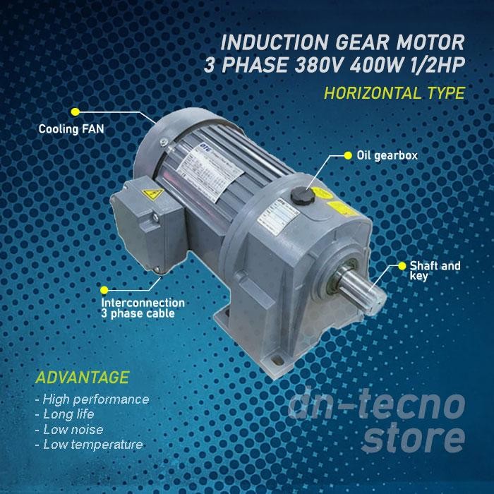 Motor induksi gearbox 3 Phase 1/2Hp (400W) 4 Pole 1500rpm