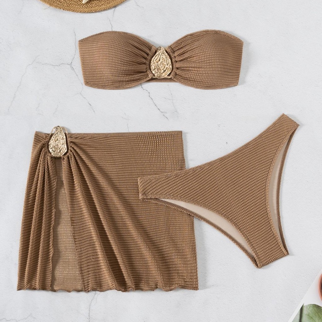 Sexy 3 Pieces Bikini Set Women Swimsuit with Skirt Female Swimwear Off Shoulder Bikini Tassels Swim