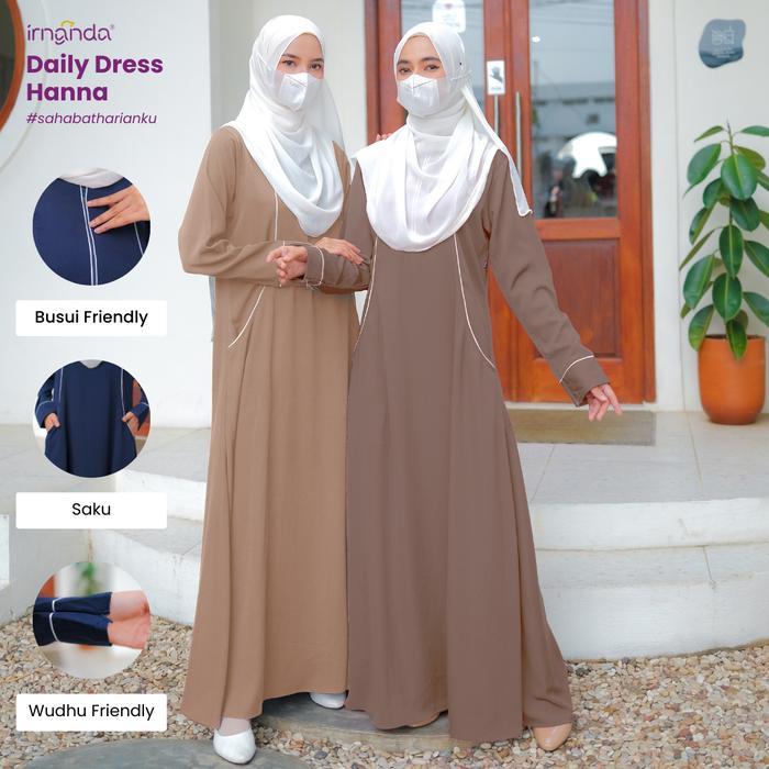 Irnanda Hanna Dress Gamis basic Polos wanita Bahan Madeline Simple Kantong Wudhu Busui Friendly