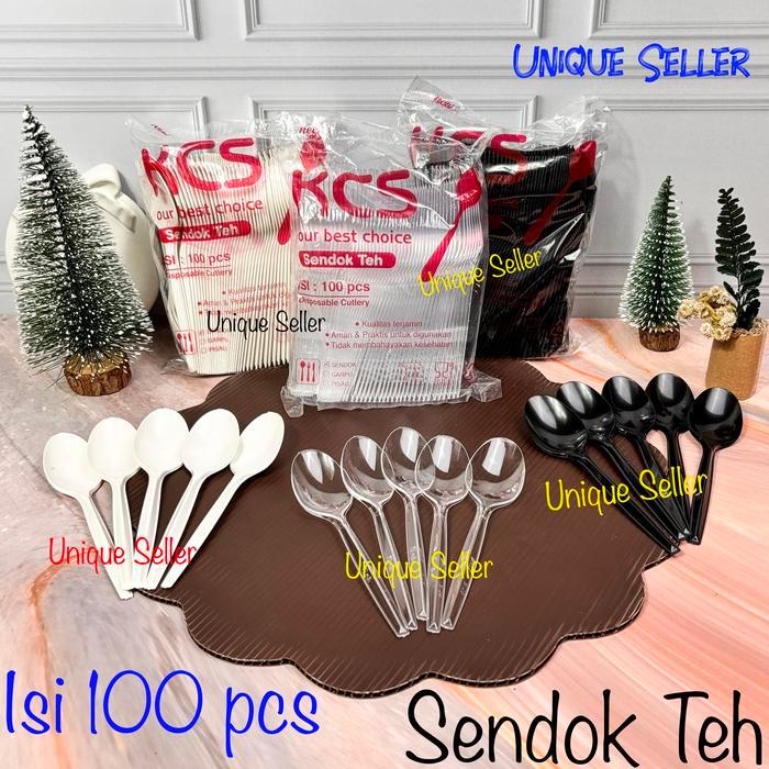 Sendok Teh Plastik KCS isi 100 / Sendok Puding Agar Putih Bening Hitam
