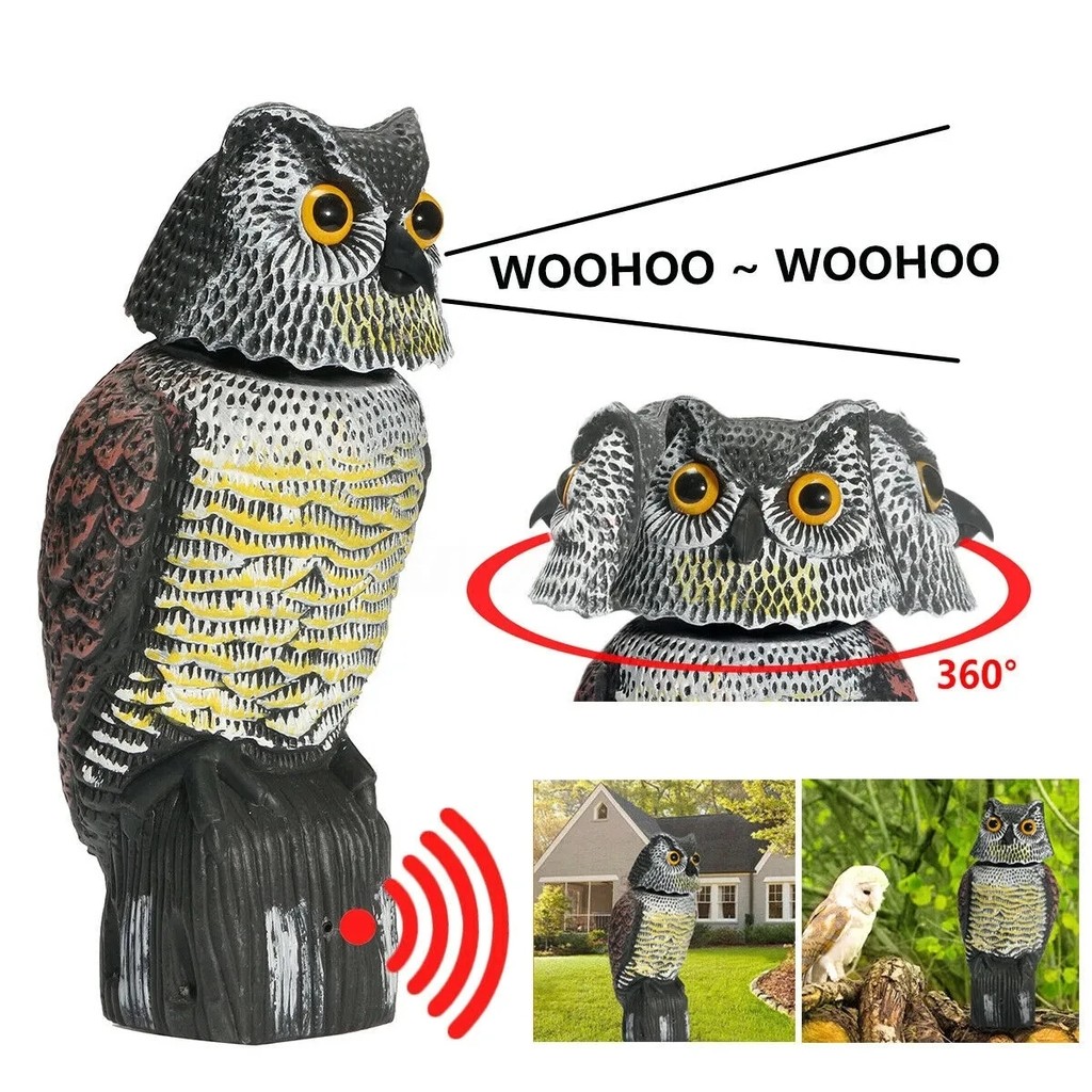 Fake Owl Decoy Plastic Owl Scarecrow Sculpture with Rotating Head and Sound for Garden Yard Bird