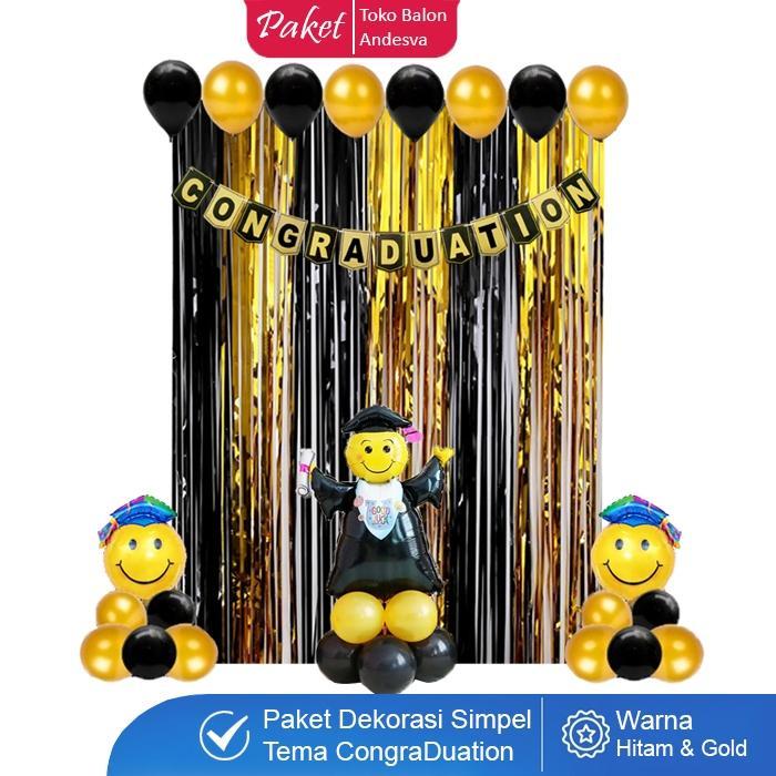 Promo Paket Dekor Congraduations Hitam Gold / Set Dekorasi Wisuda Hitam Gold / Set Balon Wisuda