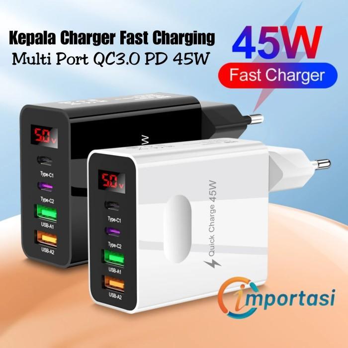 (SALE) KEPALA CHARGER USB TYPE C 4 PORT FAST CHARGING QC3.0 PD 45WB IPHONE - HITAM