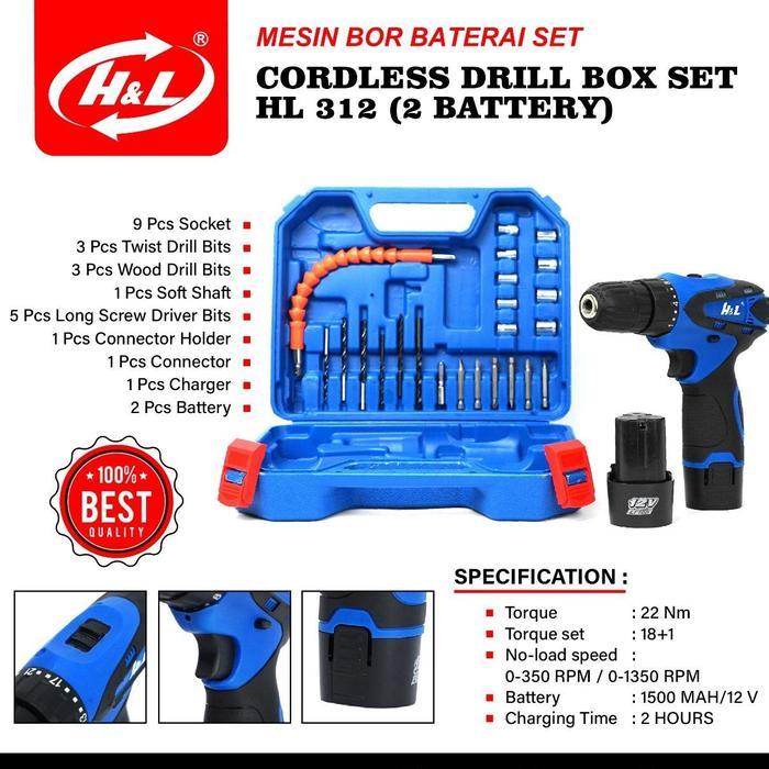 Mesin Bor Cordless H&L Hl 312 2 Baterai Cordless Drill Box Set