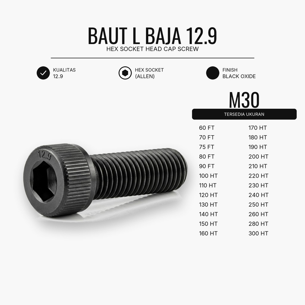 12.9 Baut L Baja M30X300 / 30X300 / M30 X 300 / 30 X 300 HT - Black Hex Socket Head Cap Screw