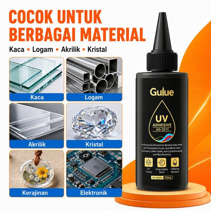 Gulue Lem Uv Adhesive 50G Bening Transparan Tahan Air Anti Kuning Untuk Kaca Akrilik Kristal Logam