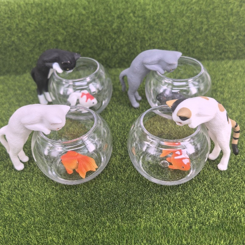 Cartoon Miniature Landscape The Cat Watching Goldfish Kawaii Model Action Figure Blind Box Toys