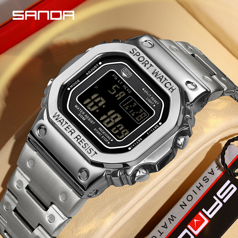 SANDA 2162 Men's Electronic Watch Waterproof Multi Functional Wrist Watch Fion Night Light Steel