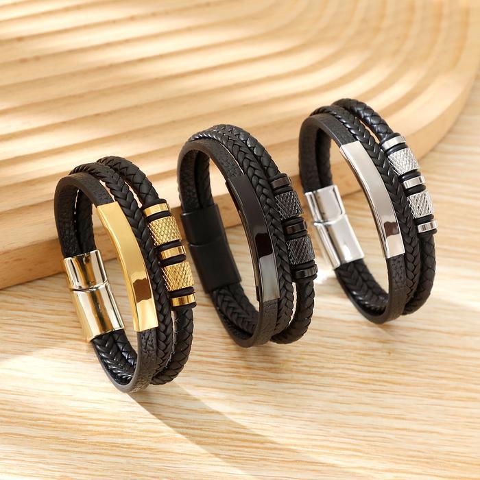 Gelang Pria Titanium Bergaya Retro dengan Anyaman Kulit Asli Hitam Perak & Emas - Bracelet Hadiah