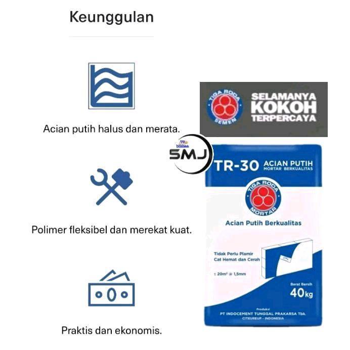 Mortar Acian Putih Tr-30 Tiga Roda Mortar Acian Putih Tr30 Tiga Roda 40Kg Sak Mortar Putih Acian