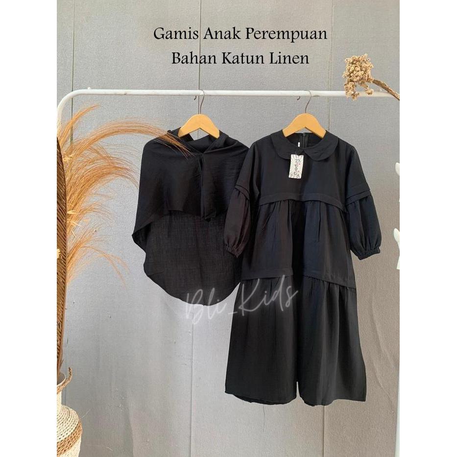 luto- Gamis Anak Perempuan Muslim Hitam Putih Free Kerudung Bahan Katun Linen Usia 3-12