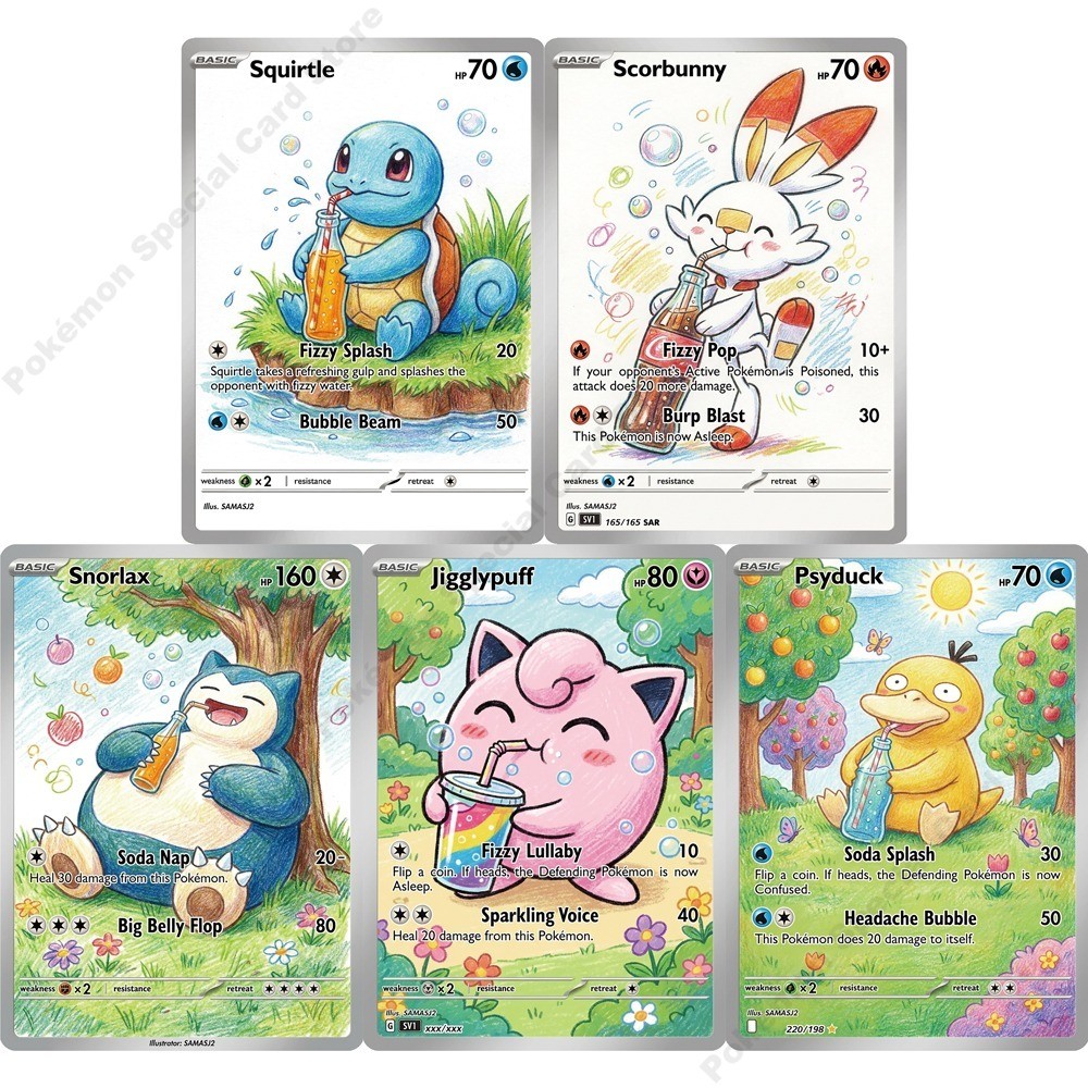 5Pcs Pokemon Cards Squirtle Psyduck Snorlax Jigglypuff Scorbunny Drink Soda Series PTCG Collection