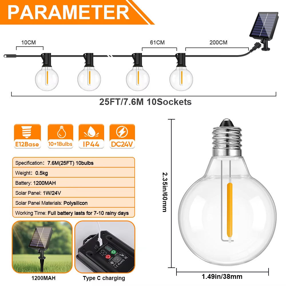G40 Outdoor Solar String Light Garland LED Solar String Lights 24V Globe Waterproof Hanging Lights