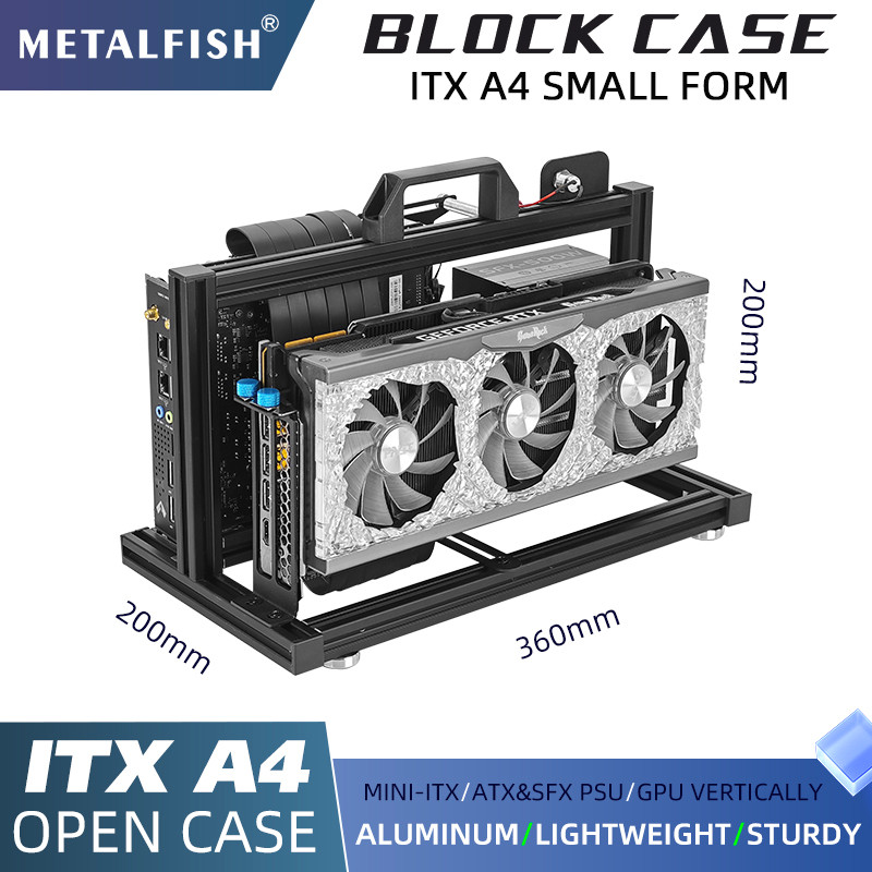 METALFISH ITX A4 Aluminum Open Frame Case, Vertical GPU, 240mm Cooler, Mini-ITX Compatible, DIY
