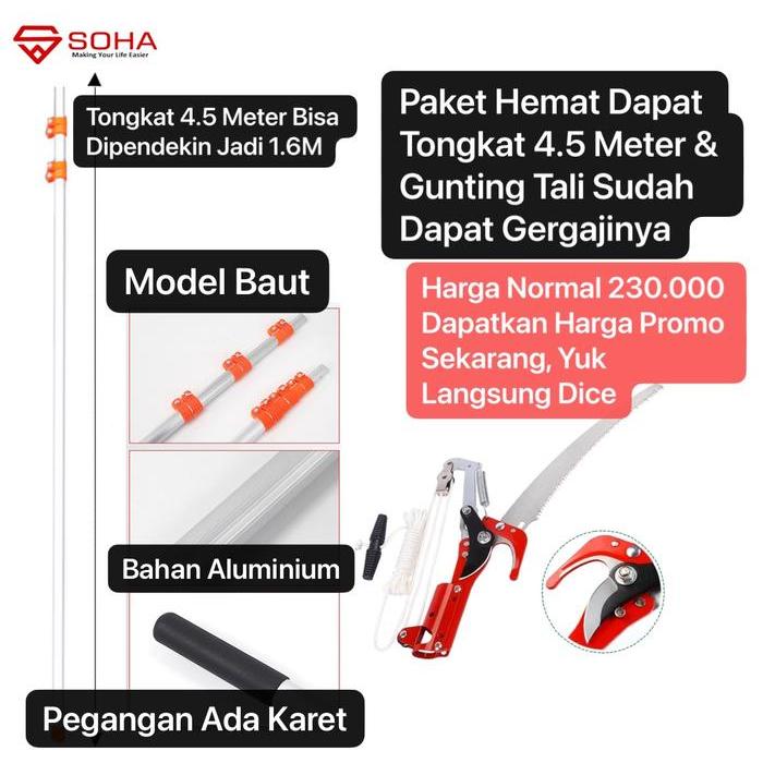 Tongkat Galah Panjang Dapat Gunting Alat Petik Buah dan Gergaji Gergaji Pemotong Dahan Buah Tree