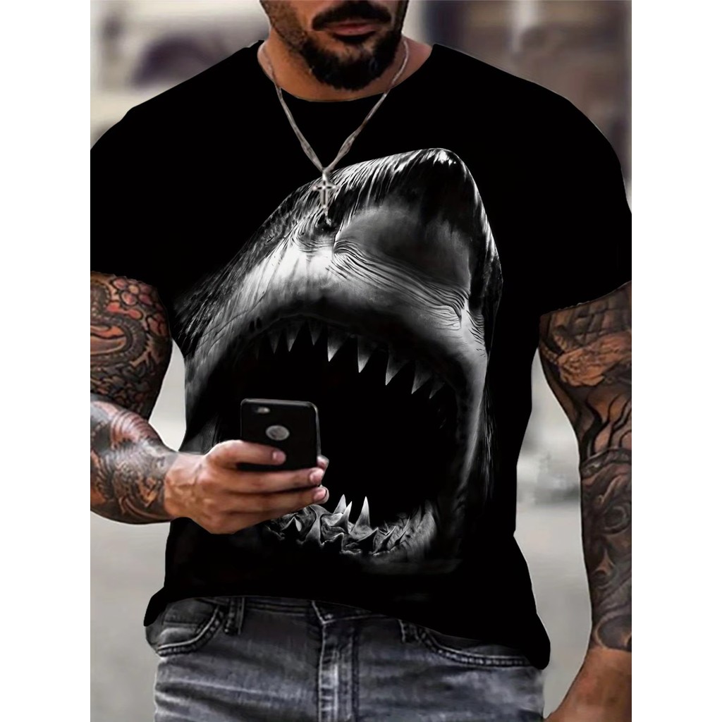 Kaos Rahang Hiu Pria Kaus Kasual Laut Lengan Pendek Grafis Mulut Putih Besar Tee Kasual Laut