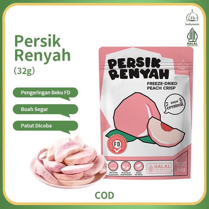 LuckymoreHALAL Peach Beku Kering Renyah 32g - Keripik Buah, Keripik Persik, Crispy Peach, Buah
