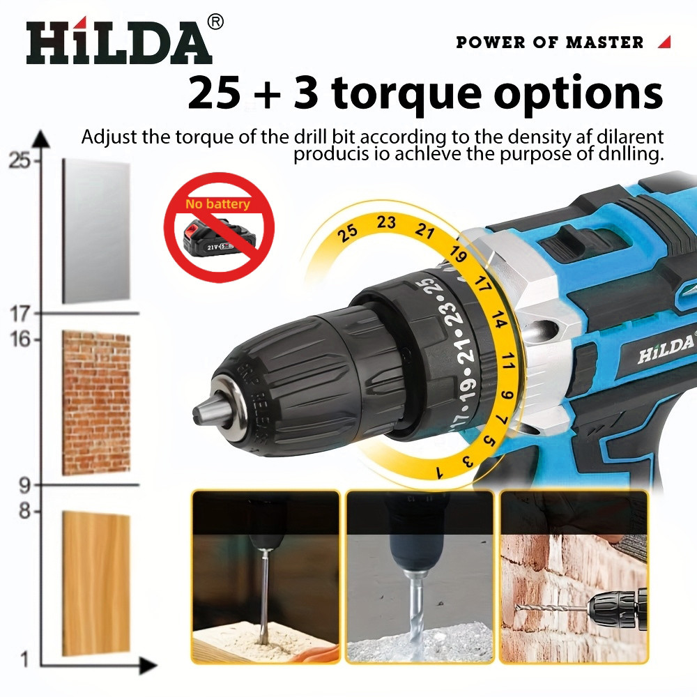 HILDA Electric Drill 21V Power Tool Cordless Electric Rotating Drill Head Offer 25+3 Torque