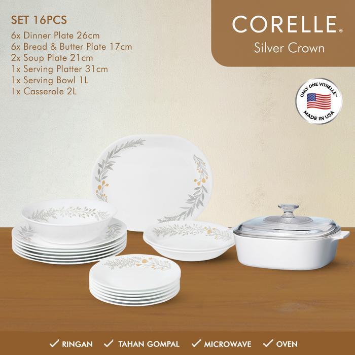 Corelle Silver Crown Dinner Set Piring Mangkuk Keramik Kaca Vitrelle Anti Gompal Microwave Dan Oven