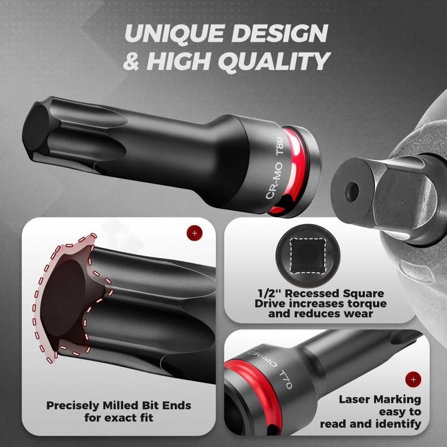 12" Drive Impat Torx Bit Soket Set T30 T40 T45 T50 T55 T60 T70 T80 RMO Steel Antiorrosion Heavy Duty
