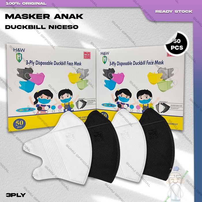 New Masker Anak Duckbil NICESO 3Ply isi 50Pcs Putih Hitam Abu na Duckbill 3 Ply Earloop Surgical