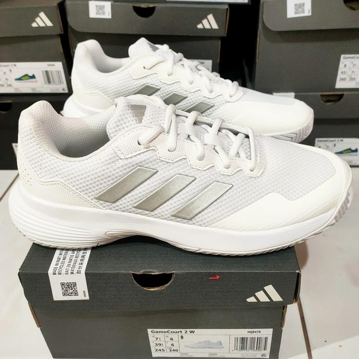 100% ORIGINAL sepatu Tenis CEWEK adidas GaMeCoUrT Ladies Shoes WHITE silver grey