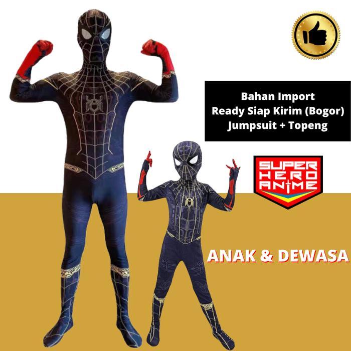 Kostum Spider Man Dewasa Anak No Way Home Hitam Gold Baju Cosplay Costume Spiderman Topeng Superhero