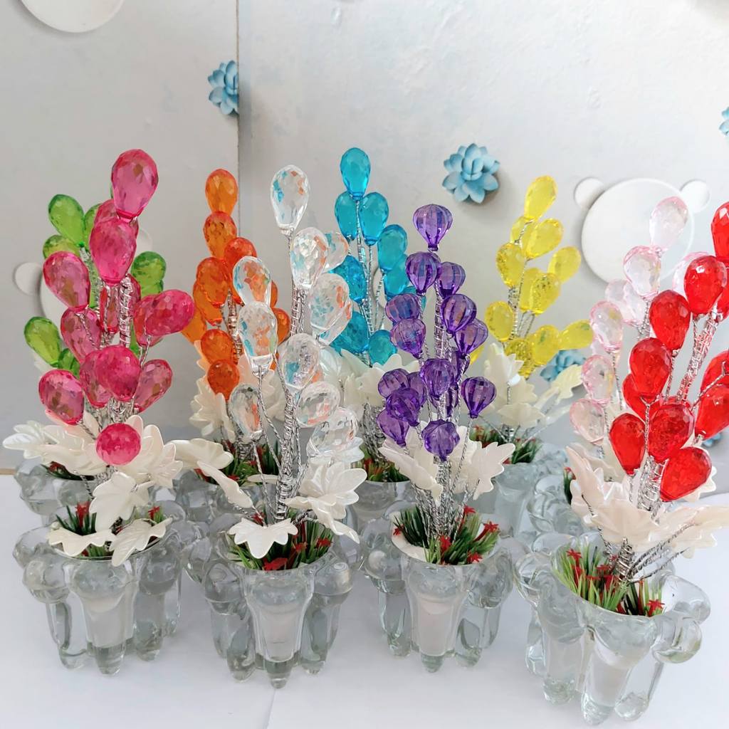 Bunga akrilik hiasan dekorasi ruang tamu | bunga kristal hiasan ruang tamu dengan pot kaca