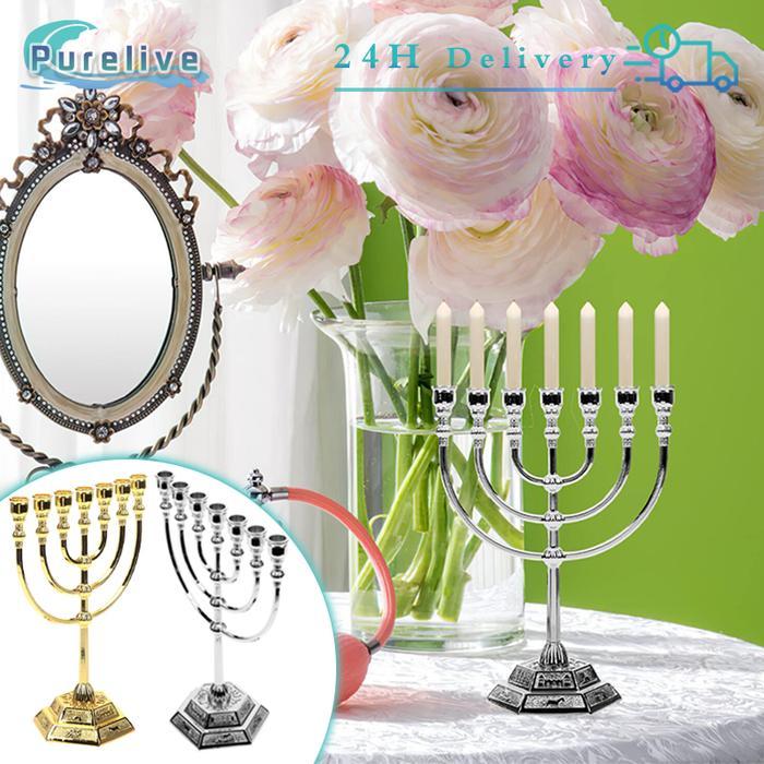 17cm Menorah Hanukkah Kaki Dian 7-Branch Dekorasi Pajangan Menorah Souvenir Rohani Profetik