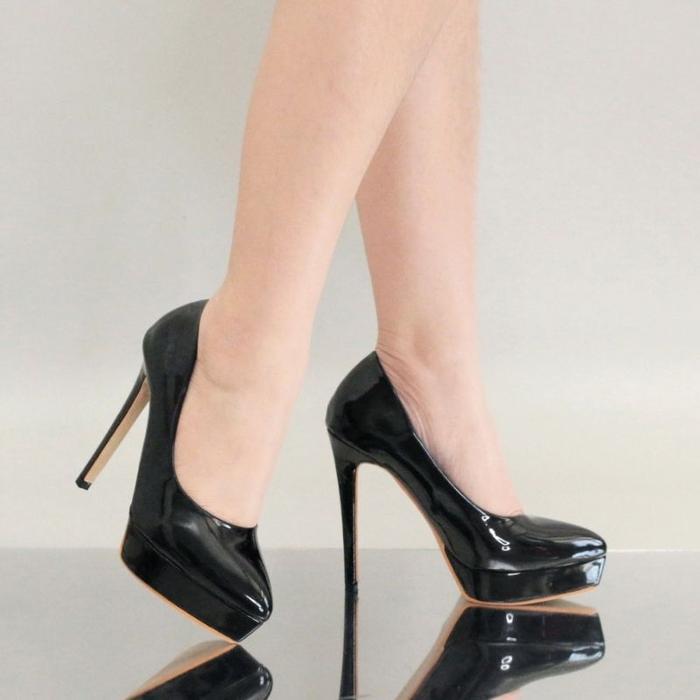 YKshoes 1796 heels 12cm pump pantofel stiletto heels ketutup heels pink hitam black sintetis glosy