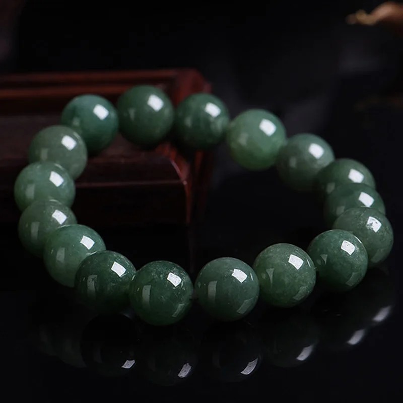 Men's Natural Jadeite Beaded Bracelet - Burmese Imperial Green "Oil-Green" Jade Buddhist Mala
