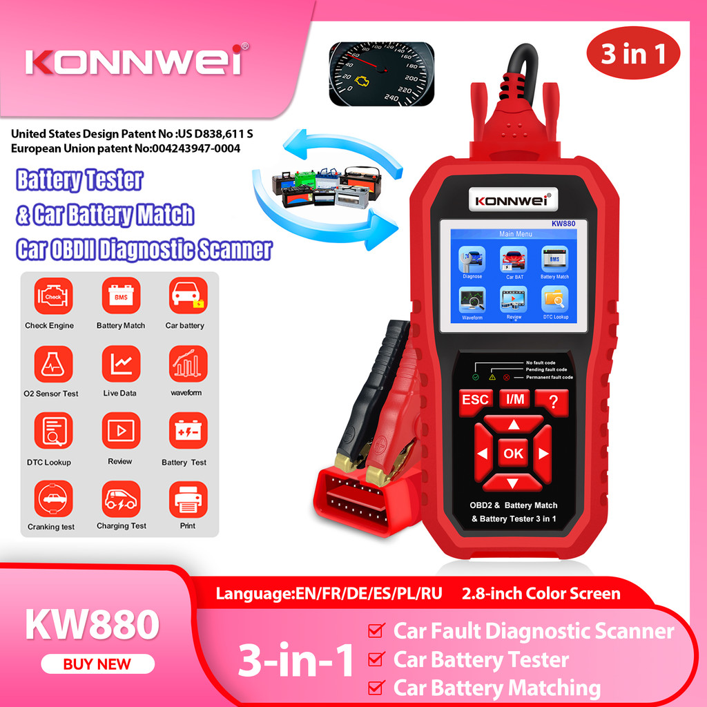 2026 KONNWEI KW880 Car 3 in 1 Full OBD2 Function Battery Tester Analizer Auto Diagnostic Tool 12V