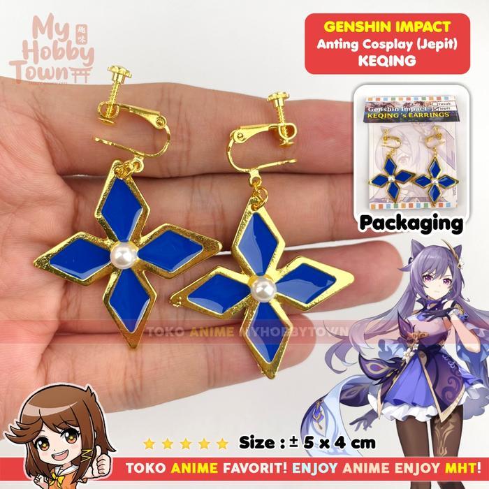 Anting Cosplay Keqing Anime Game Genshin Impact Tusuk Pierce Jepit Clip Klip On Earrings