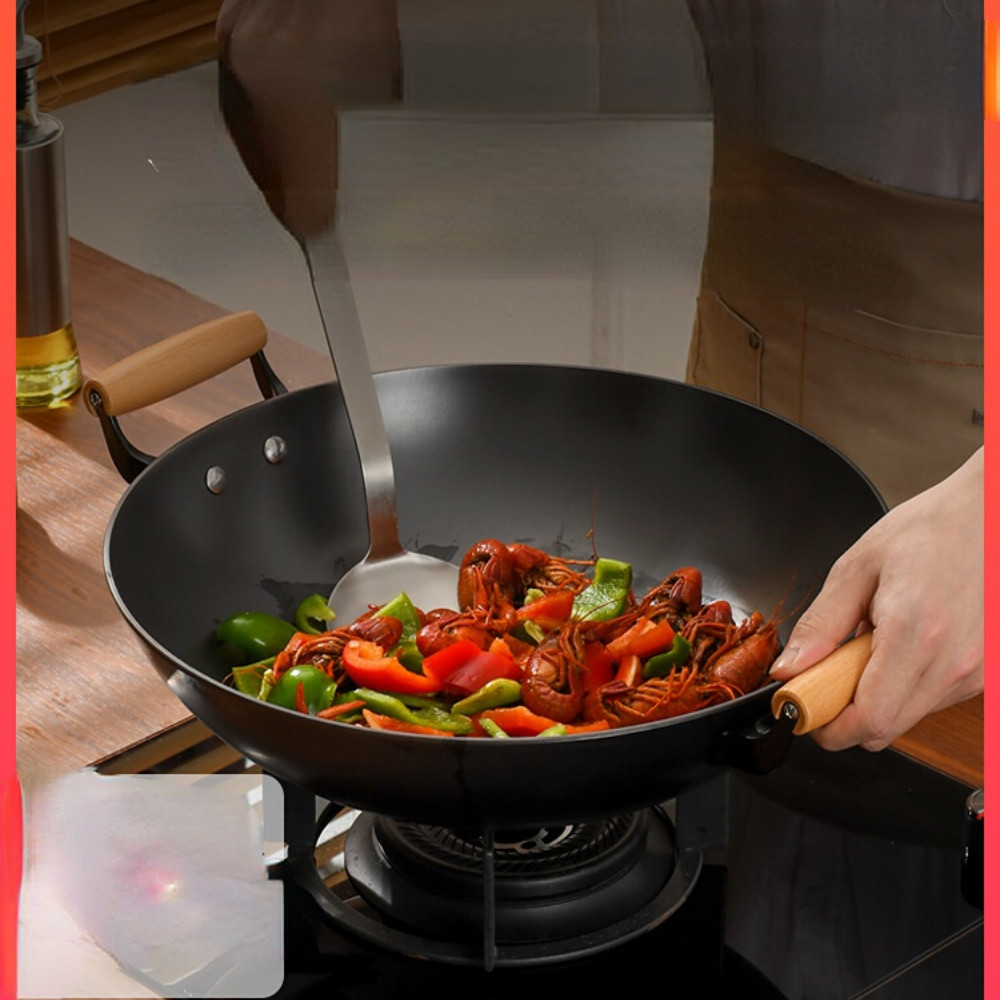 Two-Lug Iron Pot Uncoated Wok Household Non-Stick Pan Old Cast Iron Pan round Bottom Large Iron Pan 
