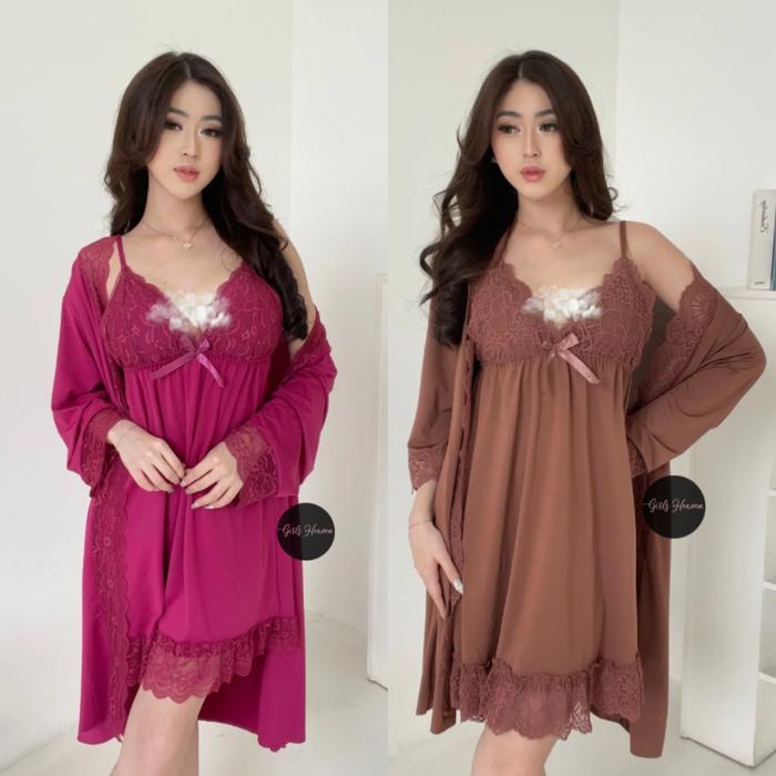 Beautyq- 007L Sleepwear Dress + Kimono + Belt [ Girlsheaven_Id ]