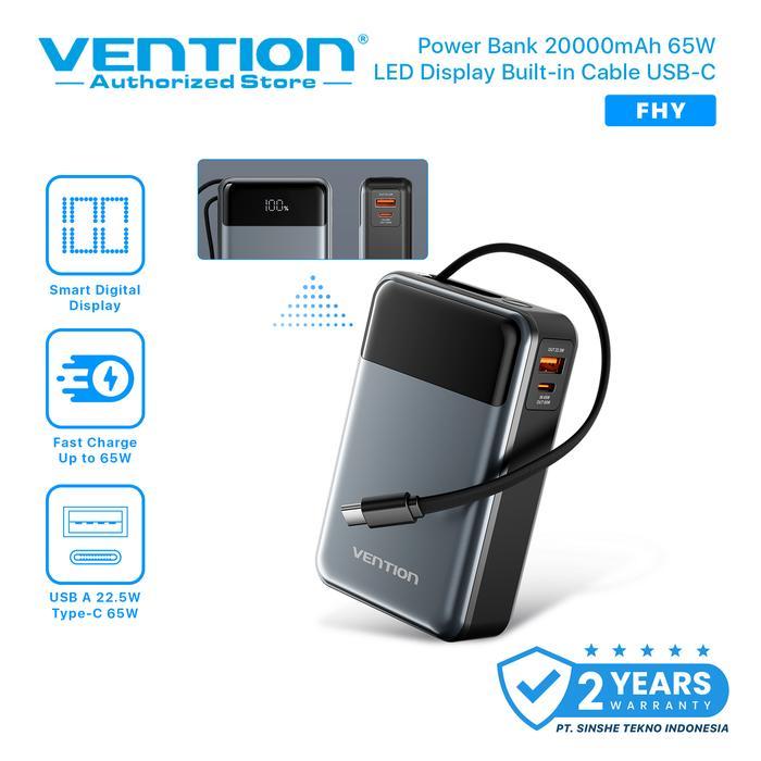 jwvb- Vention Travel Powerbank Built In Cable Usb Type C 20000Mah Fast Charging 65W Android